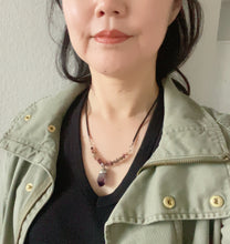 Load image into Gallery viewer, A model is wearing Deep Purple Amethyst Leather Cord Necklace