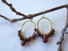 Load image into Gallery viewer, Garnet Hoop Earrings, Wire Wrapped Garnet Earrings