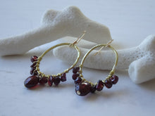 Load image into Gallery viewer, Garnet Hoop Earrings, Wire Wrapped Garnet Earrings