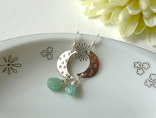 Load image into Gallery viewer, Silver Crescent Moon Earrings with Green Gemstone