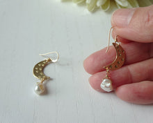 Load image into Gallery viewer, Pearl Crescent Moon Earrings, Gold Moon Earrings