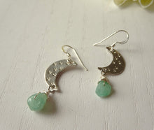 Load image into Gallery viewer, Silver Crescent Moon Earrings with Green Gemstone