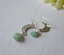 Load image into Gallery viewer, Silver Crescent Moon Earrings with Green Gemstone
