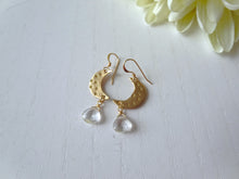 Load image into Gallery viewer, Crescent Moon Dangle Earrings with Crystal