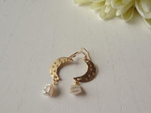 Load image into Gallery viewer, Pearl Crescent Moon Earrings, Gold Moon Earrings