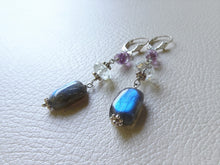 Load image into Gallery viewer, Labradorite and Amethyst Long Earrings, Sterling Silver