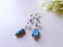 Load image into Gallery viewer, Labradorite and Amethyst Long Earrings, Sterling Silver