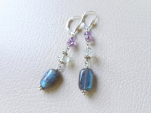 Load image into Gallery viewer, Labradorite and Amethyst Long Earrings, Sterling Silver