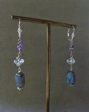 Load image into Gallery viewer, Labradorite and Amethyst Long Earrings, Sterling Silver