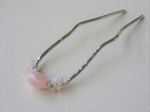 Pink Gem Hair Fork, Silver Hand Forged Hair Pin 