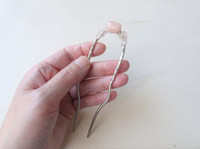 Load image into Gallery viewer, Pink Gem Hair Fork, Silver Hand Forged Hair Pin on hand