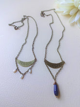 Load image into Gallery viewer, Lapis Lazuli Crescent Moon Necklace, Mixed Metal Rustic Jewelry, Boho-chic Gift.