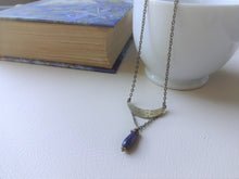 Load image into Gallery viewer, Lapis Lazuli Crescent Moon Necklace, Mixed Metal Rustic Jewelry, Boho-chic Gift.