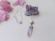 Load image into Gallery viewer, Amethyst and gold flower necklace, Raw Amethyst Pendant