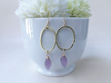 Load image into Gallery viewer, Amethyst Gold Hoop Earrings, Open Oval Dangle Earrings