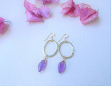 Load image into Gallery viewer, Amethyst Gold Hoop Earrings, Open Oval Dangle Earrings