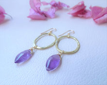 Load image into Gallery viewer, Amethyst Gold Hoop Earrings, Open Oval Dangle Earrings