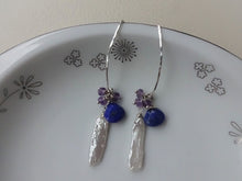 Load image into Gallery viewer, Lapis lazuli, Pearl Marquise Ear Wires Earrings, Large Leaf Earrings.