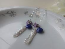 Load image into Gallery viewer, Lapis lazuli, Pearl Marquise Ear Wires Earrings, Large Leaf Earrings.