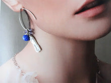 Load image into Gallery viewer, Lapis lazuli, Pearl Marquise Ear Wires Earrings, Large Leaf Earrings.