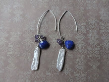 Load image into Gallery viewer, Lapis lazuli, Pearl Marquise Ear Wires Earrings, Large Leaf Earrings.