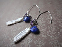 Load image into Gallery viewer, Lapis lazuli, Pearl Marquise Ear Wires Earrings, Large Leaf Earrings.