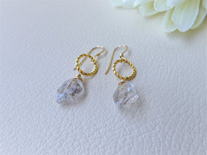 Herkimer Diamond Gold Short Earrings, Raw Stone Earrings
