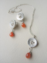 Load image into Gallery viewer, Silver Circle Earrings, Poppy Motif Jewelry With Orange Aventurine.