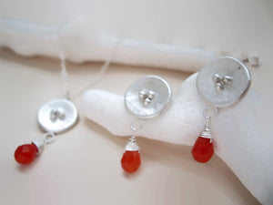 Silver Circle Earrings, Poppy Motif Jewelry With Orange Aventurine.