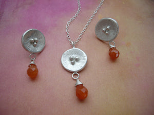Silver Circle Earrings, Poppy Motif Jewelry With Orange Aventurine.