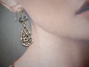 Rose Gold Filigree Teardrop Earrings With Herkimer Diamond,.