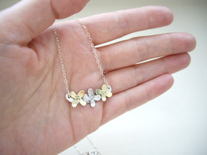 Three Flowers Bar Necklace, Dainty Modern Jewelry, Refined Silver And Gold Pendant.