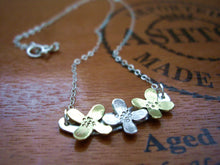 Load image into Gallery viewer, Three Flowers Bar Necklace, Dainty Modern Jewelry, Refined Silver And Gold Pendant.