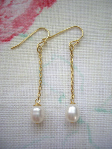 Simple chain earrings with pearl, Gold pearl earrings, Gift under 20.