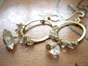 Herkimer Diamond Gold Hoop Wire Wrapped Earrings.