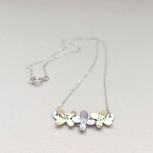 Load image into Gallery viewer, Three Flowers Bar Necklace, Dainty Modern Jewelry, Refined Silver And Gold Pendant.