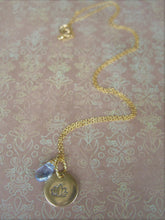 Load image into Gallery viewer, Lotus Flower Hand Stamped Necklace, Disk Pendant, Choose Your Stone.