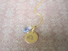 Load image into Gallery viewer, Lotus Flower Hand Stamped Necklace, Disk Pendant, Choose Your Stone.