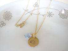 Load image into Gallery viewer, Lotus Flower Hand Stamped Necklace, Disk Pendant, Choose Your Stone.