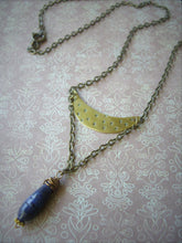Load image into Gallery viewer, Lapis Lazuli Crescent Moon Necklace, Mixed Metal Rustic Jewelry, Boho-chic Gift.
