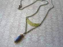 Load image into Gallery viewer, Lapis Lazuli Crescent Moon Necklace, Mixed Metal Rustic Jewelry, Boho-chic Gift.