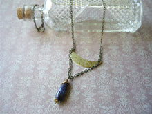 Load image into Gallery viewer, Lapis Lazuli Crescent Moon Necklace, Mixed Metal Rustic Jewelry, Boho-chic Gift.