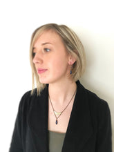 Load image into Gallery viewer, Lapis Lazuli Crescent Moon Necklace, Mixed Metal Rustic Jewelry, Boho-chic Gift.