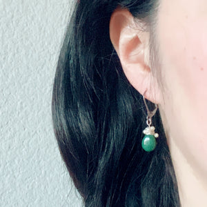 Green Tear Drop Stone Earrings, Wire Wrapped Pearl Earrings
