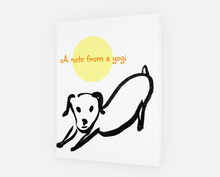 Load image into Gallery viewer, Illustration of a dog in a yoga pose with a yellow circle and text 'A note from a yogi' on a white background.
