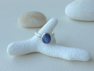 Kyanite Silver Ring, Mystic Blue Cabochon Ring