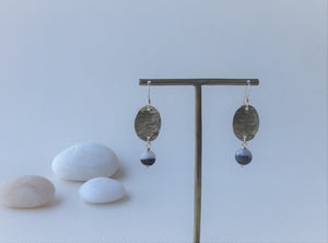 Gold Hummered Oval Disc Earrings with Stone