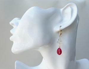 Red Drop Stone and Herkimer Diamond Earrings
