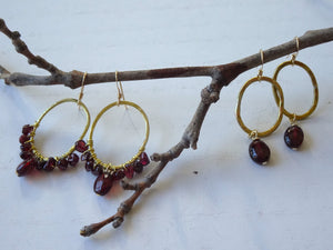 Garnet Hoop Earrings, Wire Wrapped Garnet Earrings
