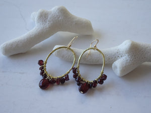 Garnet Hoop Earrings, Wire Wrapped Garnet Earrings